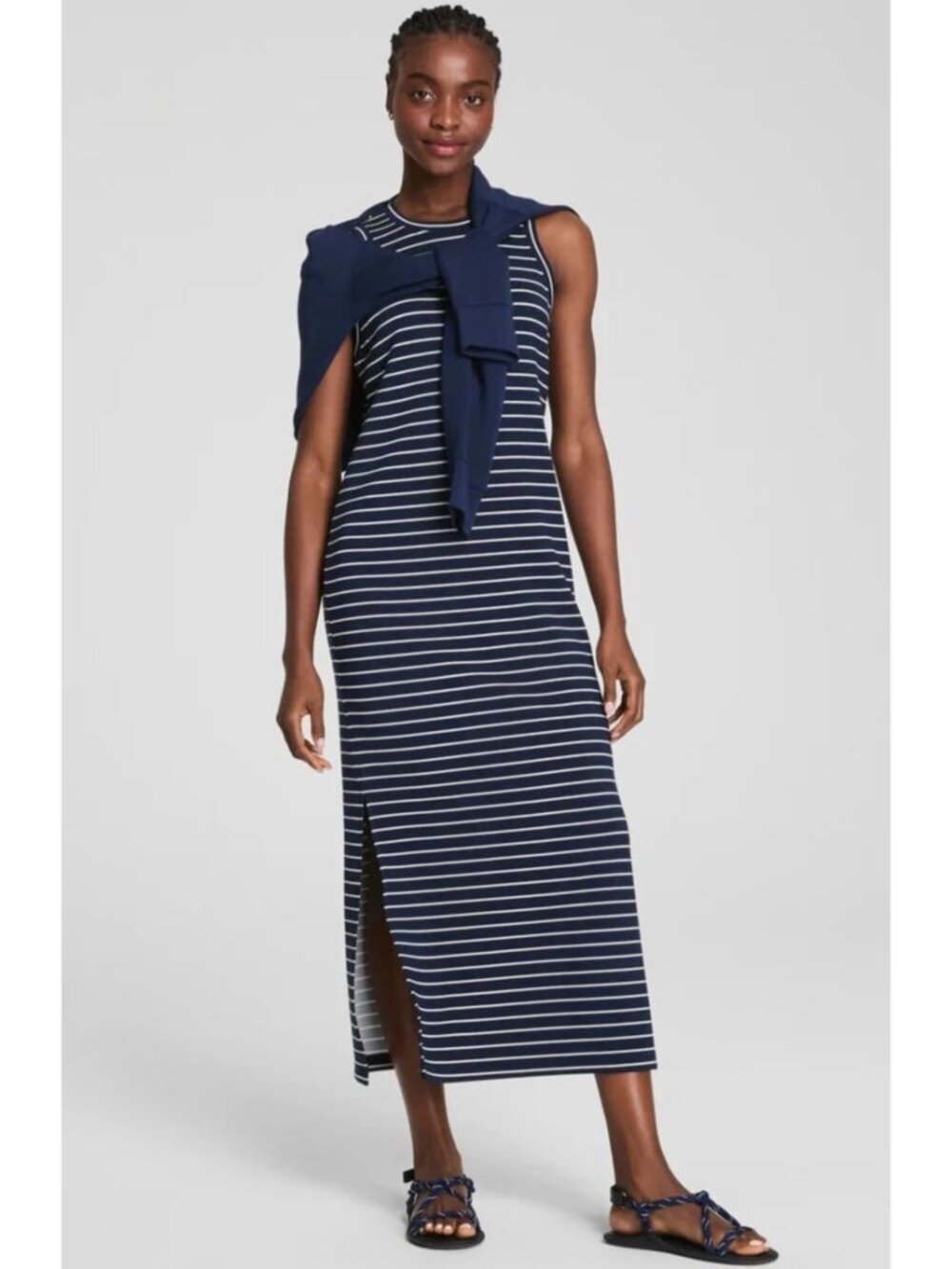NEW Spanx Air Essentials Sleeveless Maxi Dress Timeless Navy Striped Large